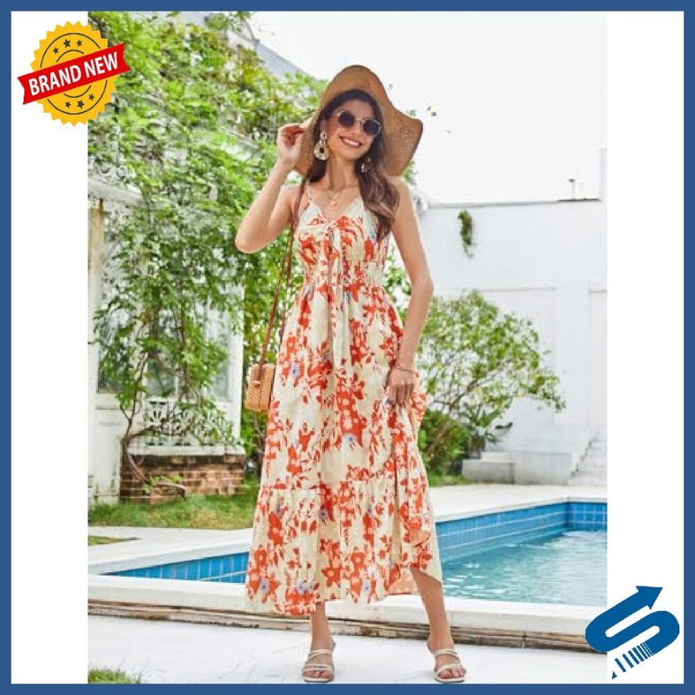 Summer Maxi Dress with Tie Front, Spaghetti Straps, Pockets, Flowy - Picture 5 of 8